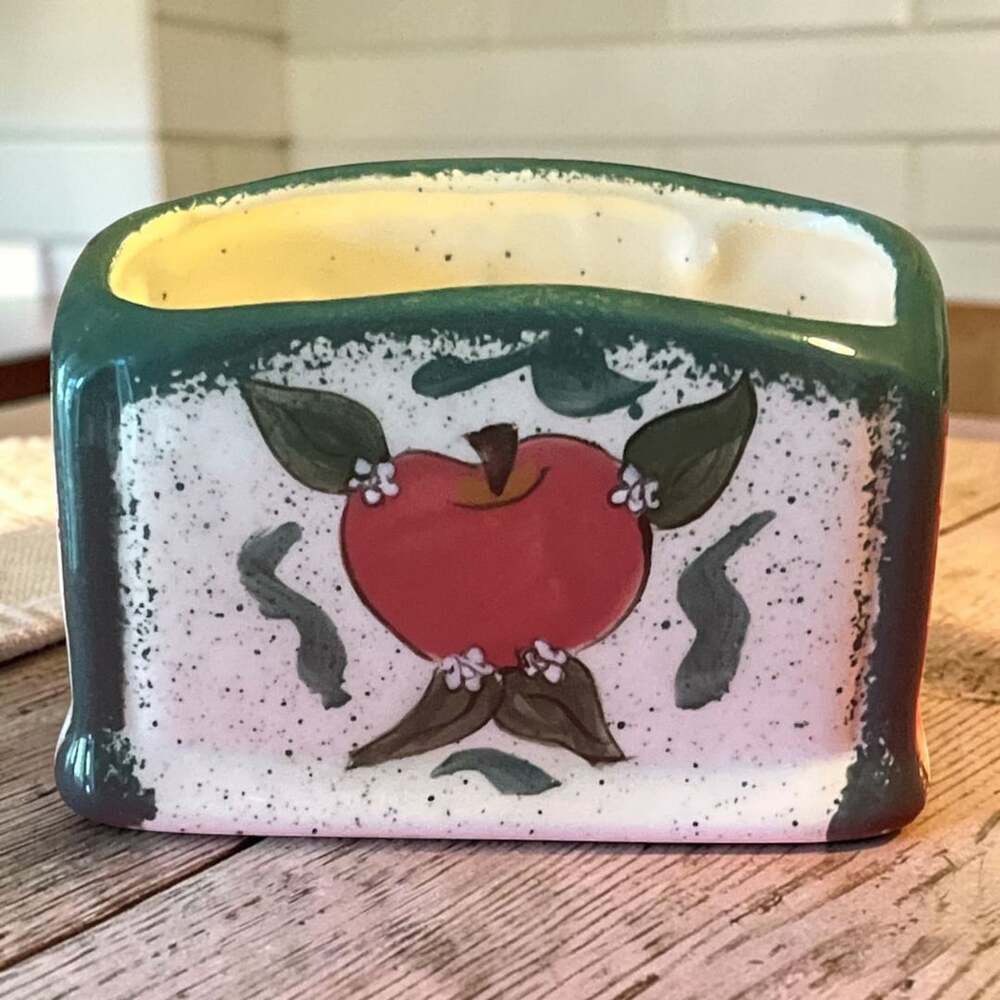 Vintage Ceramic Napkin Holder Red Apple Farmhouse Hand Painted